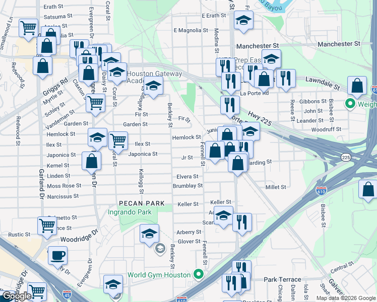 map of restaurants, bars, coffee shops, grocery stores, and more near 7820 Williford Street in Houston