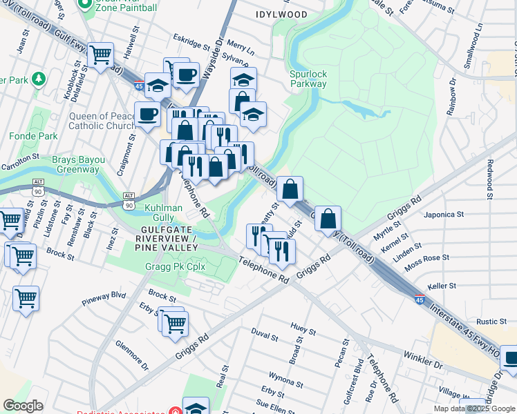 map of restaurants, bars, coffee shops, grocery stores, and more near 2510 Beatty Street in Houston