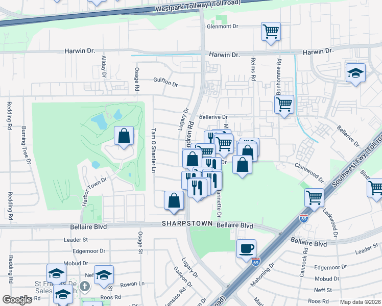 map of restaurants, bars, coffee shops, grocery stores, and more near 6315 Lugary Drive in Houston