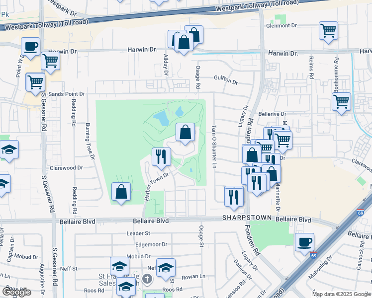 map of restaurants, bars, coffee shops, grocery stores, and more near 6500 Harbor Town Drive in Houston