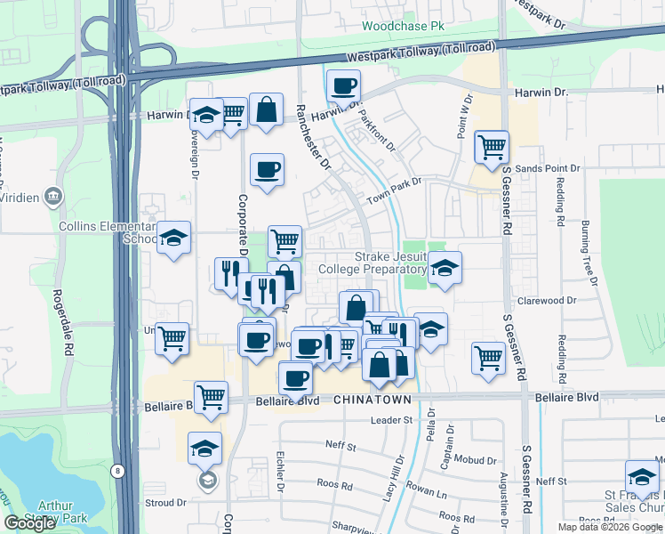 map of restaurants, bars, coffee shops, grocery stores, and more near 9220 Bellwood Lane in Houston