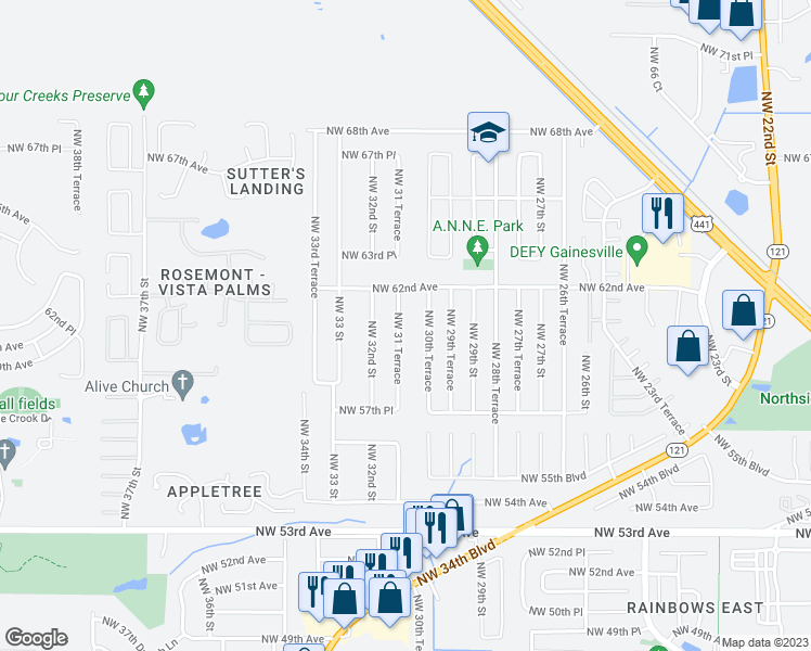 map of restaurants, bars, coffee shops, grocery stores, and more near 6031 Northwest 31 Terrace in Gainesville