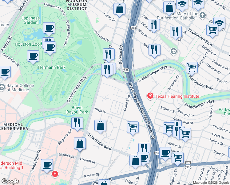 map of restaurants, bars, coffee shops, grocery stores, and more near 6218 Gehring Street in Houston