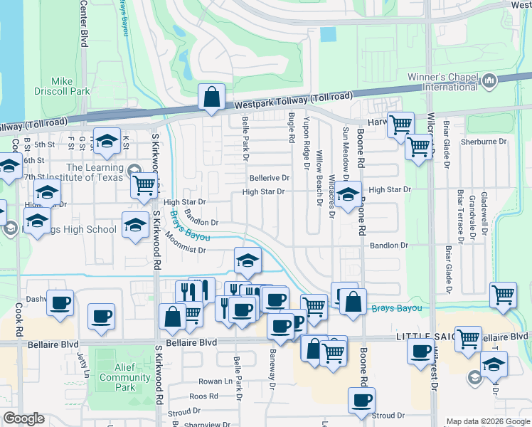 map of restaurants, bars, coffee shops, grocery stores, and more near 4319 Braysworth Drive in Houston