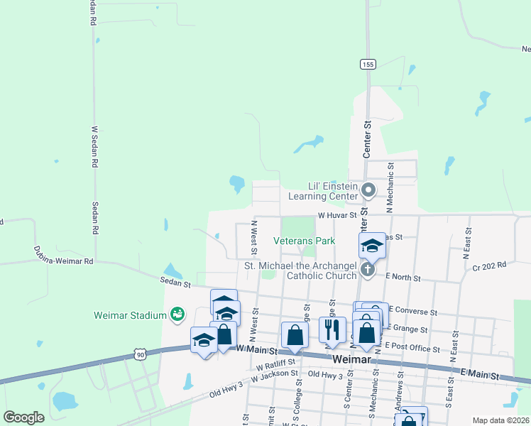 map of restaurants, bars, coffee shops, grocery stores, and more near 404 West Huvar Street in Weimar