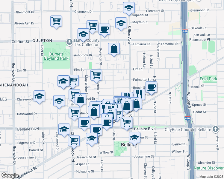 map of restaurants, bars, coffee shops, grocery stores, and more near 5201 Beech St in Bellaire