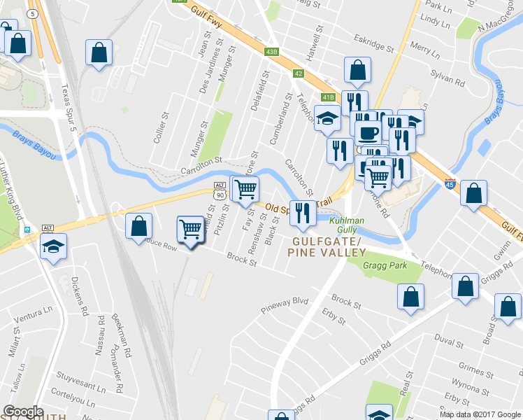map of restaurants, bars, coffee shops, grocery stores, and more near 5740 Old Spanish Trail in Houston