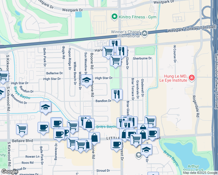 map of restaurants, bars, coffee shops, grocery stores, and more near 6478 Wilcrest Drive in Houston