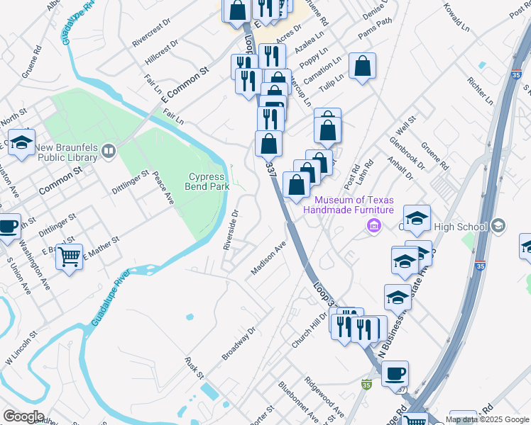map of restaurants, bars, coffee shops, grocery stores, and more near 634 Summerwood Drive in New Braunfels