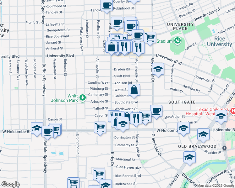 map of restaurants, bars, coffee shops, grocery stores, and more near 2534 Goldsmith Street in Houston