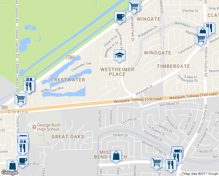 map of restaurants, bars, coffee shops, grocery stores, and more near 4227 Barrow Ridge Ln in Houston