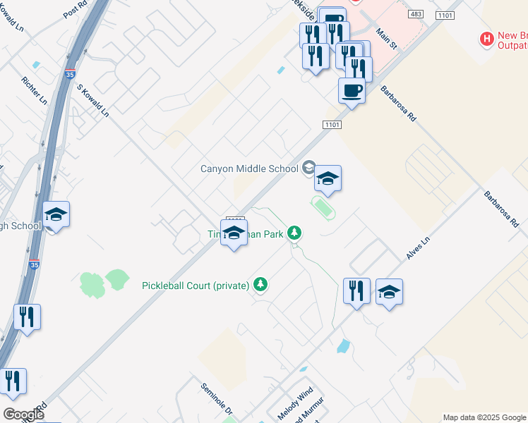 map of restaurants, bars, coffee shops, grocery stores, and more near 713 Willowbrook in New Braunfels