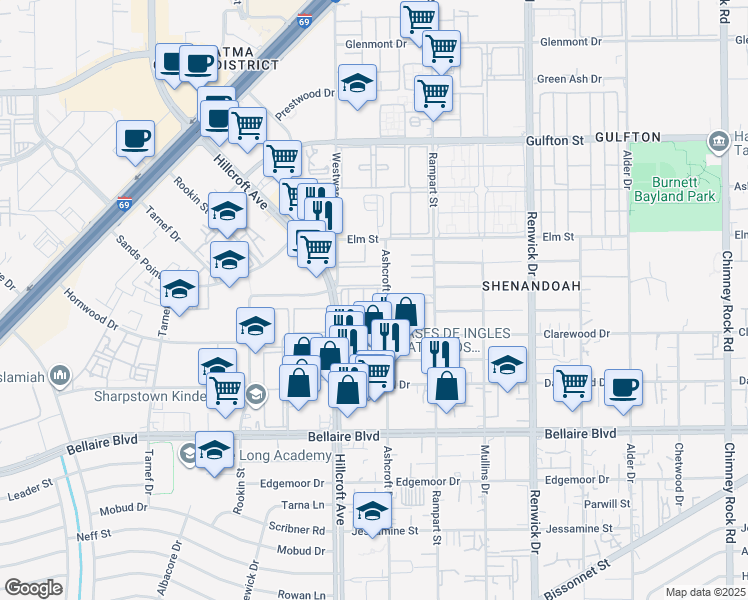map of restaurants, bars, coffee shops, grocery stores, and more near 6525 Hillcroft Street in Houston