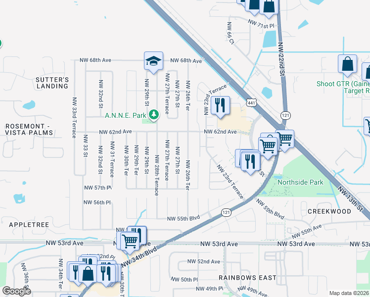 map of restaurants, bars, coffee shops, grocery stores, and more near 6102 Northwest 26th Terrace in Gainesville