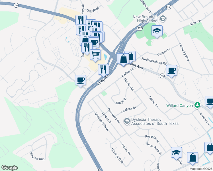 map of restaurants, bars, coffee shops, grocery stores, and more near 450 Kerlick Lane in New Braunfels
