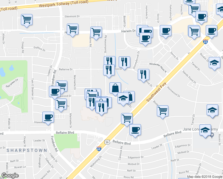 map of restaurants, bars, coffee shops, grocery stores, and more near 6301 Bonhomme Road in Houston
