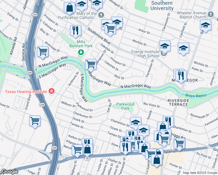 map of restaurants, bars, coffee shops, grocery stores, and more near 3320 North MacGregor Way in Houston