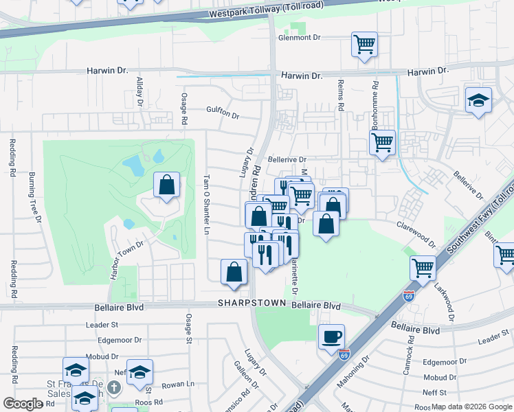 map of restaurants, bars, coffee shops, grocery stores, and more near 6315 Lugary Drive in Houston