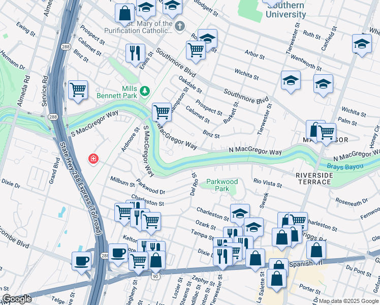 map of restaurants, bars, coffee shops, grocery stores, and more near 3320 North MacGregor Way in Houston