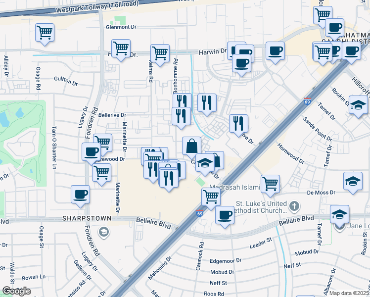 map of restaurants, bars, coffee shops, grocery stores, and more near 6301 Bonhomme Road in Houston