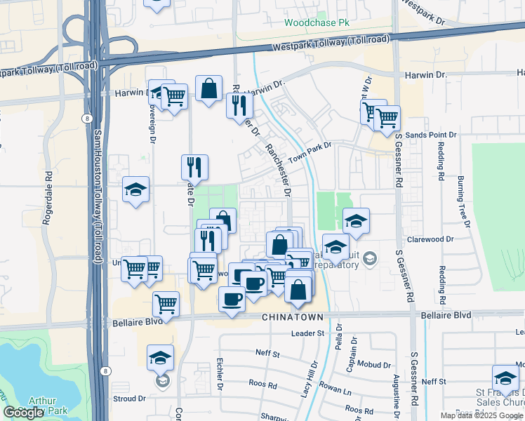 map of restaurants, bars, coffee shops, grocery stores, and more near 9220 Bellwood Lane in Houston