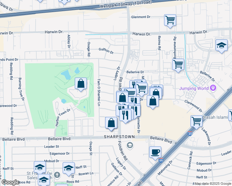 map of restaurants, bars, coffee shops, grocery stores, and more near 6315 Lugary Drive in Houston