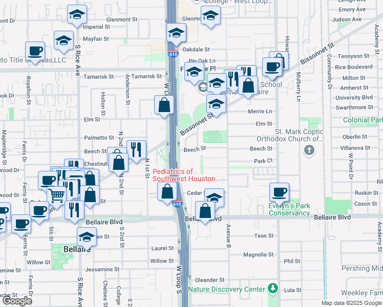 map of restaurants, bars, coffee shops, grocery stores, and more near 4629 Beech Street in Bellaire