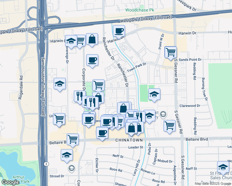 map of restaurants, bars, coffee shops, grocery stores, and more near 9220 Bellwood Lane in Houston