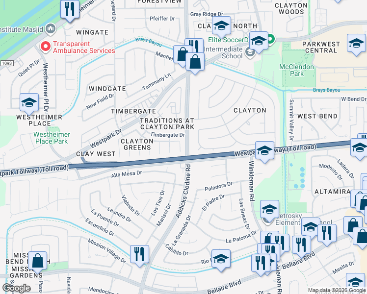map of restaurants, bars, coffee shops, grocery stores, and more near 4019 Clayton Bend Court in Houston