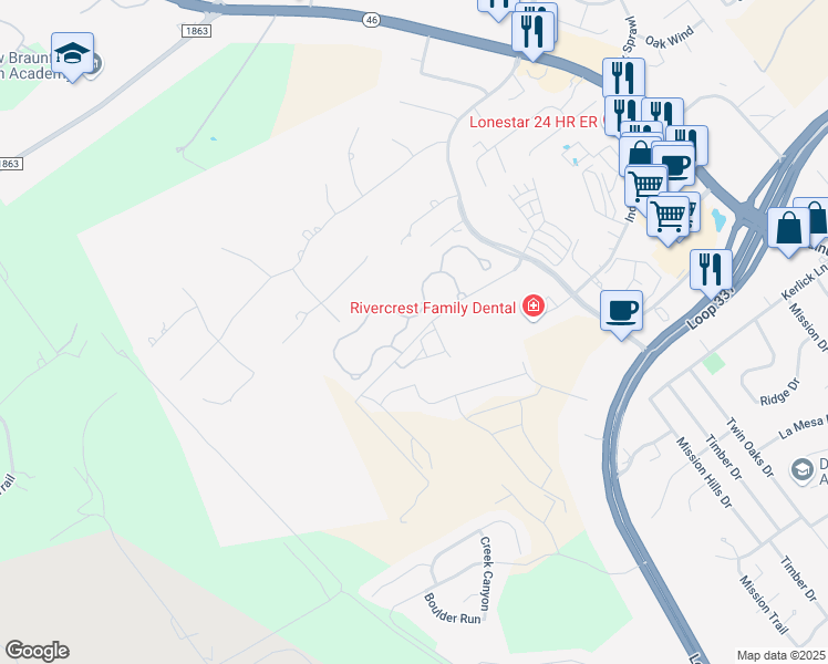 map of restaurants, bars, coffee shops, grocery stores, and more near 907 Enclave Trail in New Braunfels