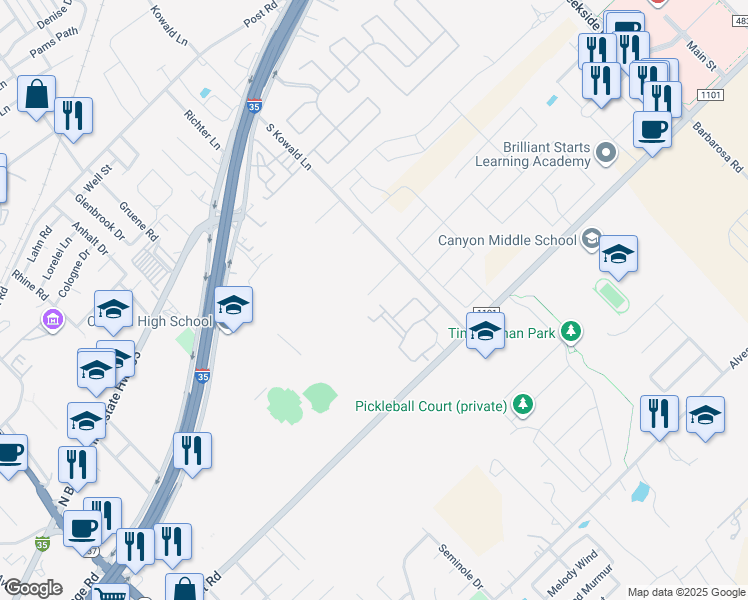 map of restaurants, bars, coffee shops, grocery stores, and more near 1760 Tristan Trail in New Braunfels