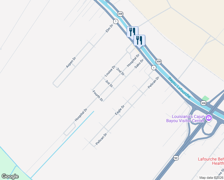 map of restaurants, bars, coffee shops, grocery stores, and more near 400-420 Sako Drive in Raceland