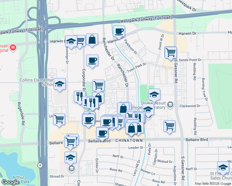 map of restaurants, bars, coffee shops, grocery stores, and more near 6200 Ranchester Drive in Houston