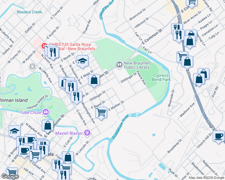 map of restaurants, bars, coffee shops, grocery stores, and more near 592 Dittlinger St in New Braunfels