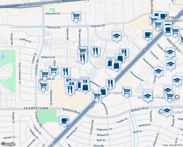 map of restaurants, bars, coffee shops, grocery stores, and more near 7200 Clarewood Drive in Houston