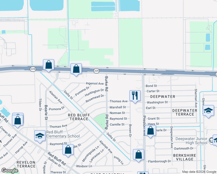 map of restaurants, bars, coffee shops, grocery stores, and more near 121 Burke Road in Pasadena