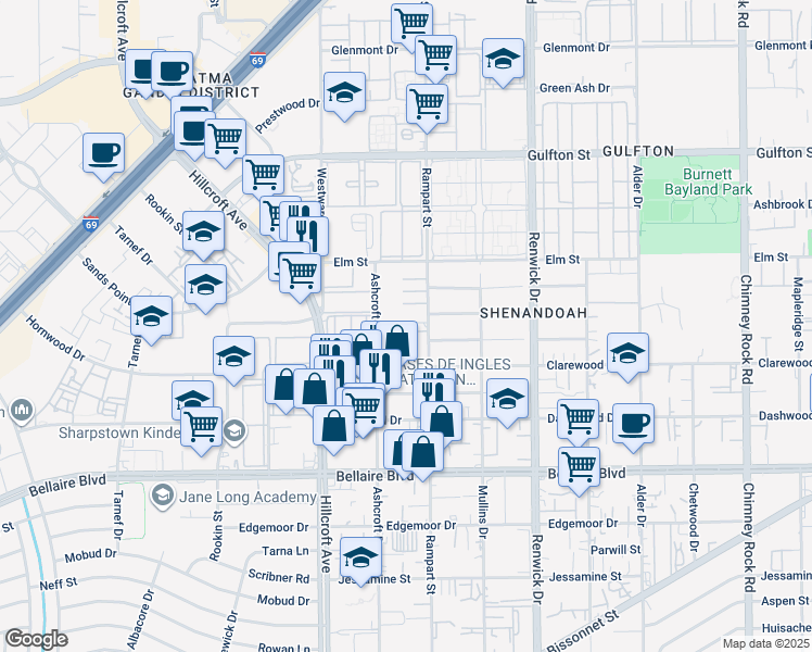 map of restaurants, bars, coffee shops, grocery stores, and more near 6440 Rampart Street in Houston