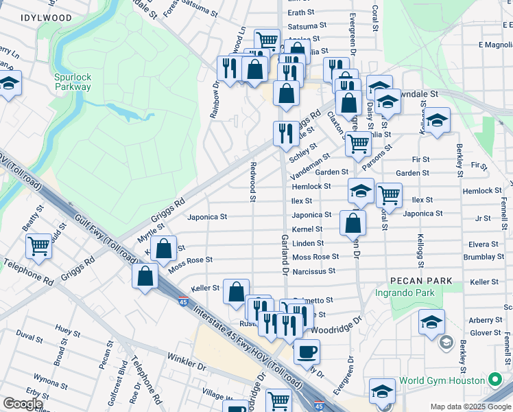 map of restaurants, bars, coffee shops, grocery stores, and more near 1603 Redwood Street in Houston