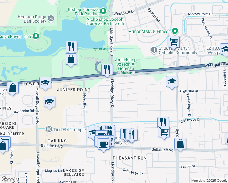 map of restaurants, bars, coffee shops, grocery stores, and more near 6322 Cape Forward Drive in Houston