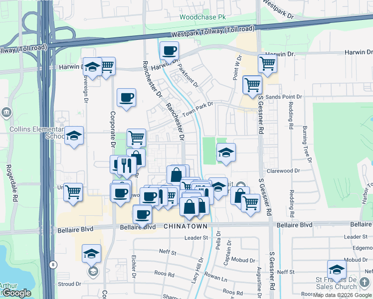 map of restaurants, bars, coffee shops, grocery stores, and more near in Houston