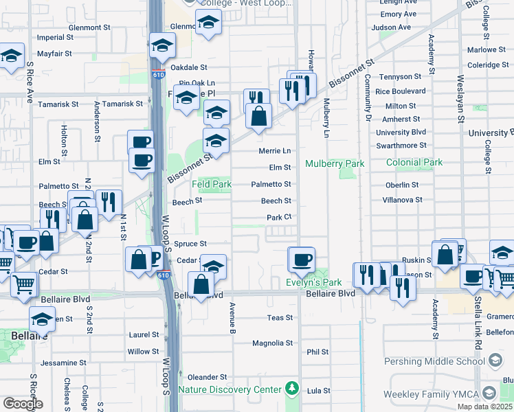 map of restaurants, bars, coffee shops, grocery stores, and more near 4525 Beech Street in Bellaire