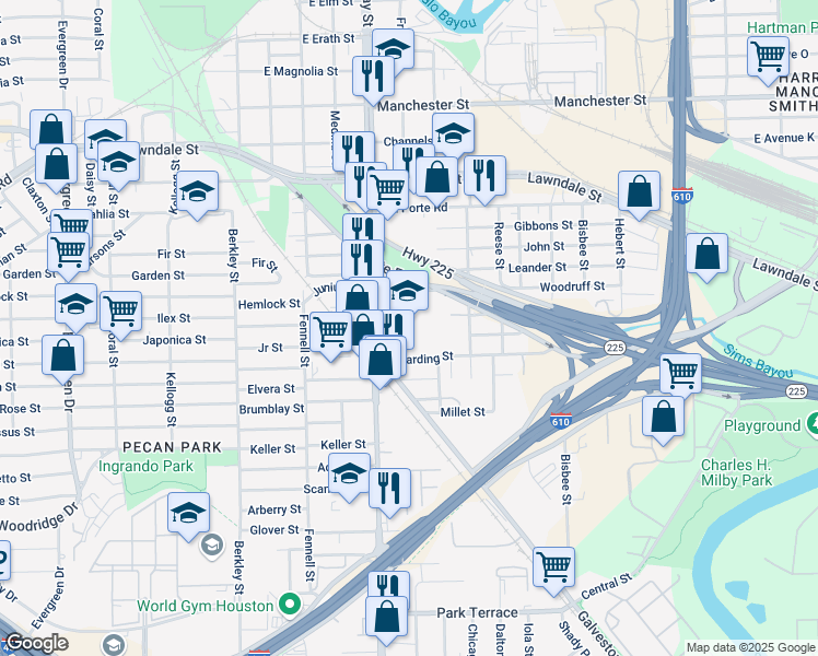map of restaurants, bars, coffee shops, grocery stores, and more near 1601 Broadway Street in Houston