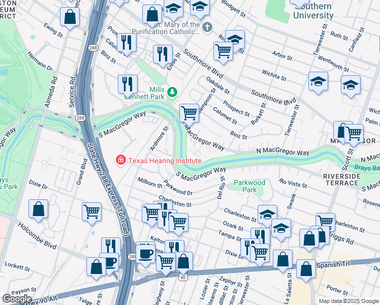map of restaurants, bars, coffee shops, grocery stores, and more near 5808 Bayou Bend Court in Houston