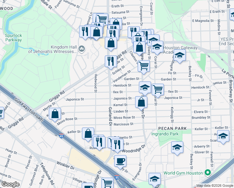 map of restaurants, bars, coffee shops, grocery stores, and more near 7030 Ilex Street in Houston