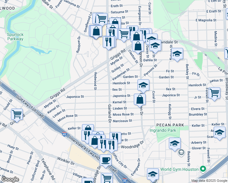 map of restaurants, bars, coffee shops, grocery stores, and more near 7030 Ilex Street in Houston