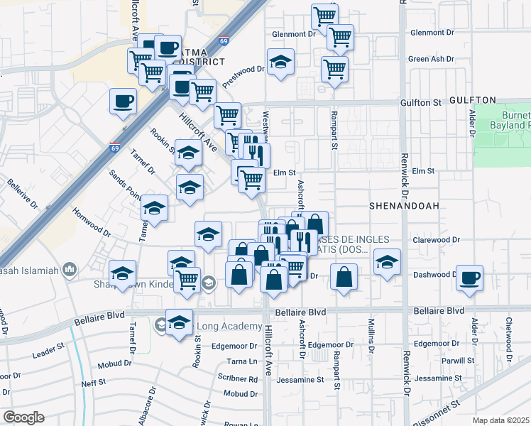 map of restaurants, bars, coffee shops, grocery stores, and more near 6515 Hillcroft Street in Houston