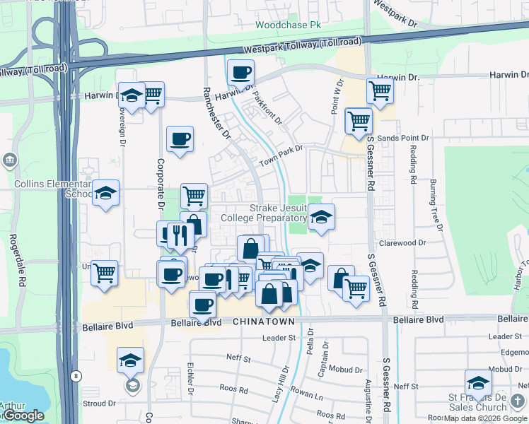 map of restaurants, bars, coffee shops, grocery stores, and more near in Houston