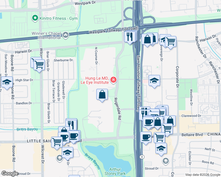 map of restaurants, bars, coffee shops, grocery stores, and more near 6051 North Course Drive in Houston