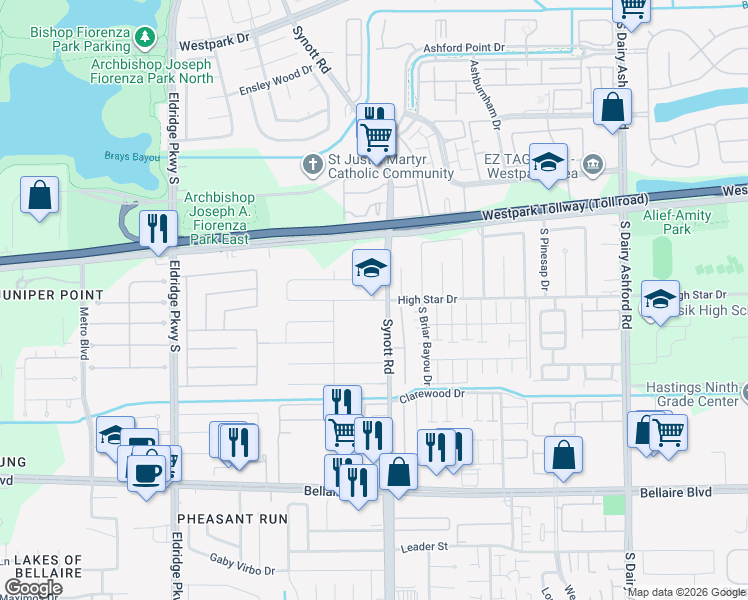 map of restaurants, bars, coffee shops, grocery stores, and more near 13222 High Star Drive in Houston