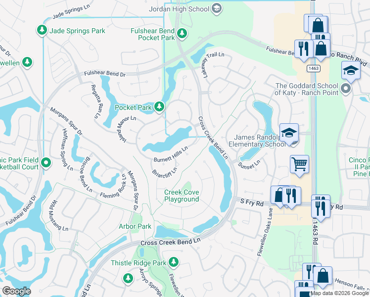 map of restaurants, bars, coffee shops, grocery stores, and more near 27707 Burnett Hills Lane in Katy